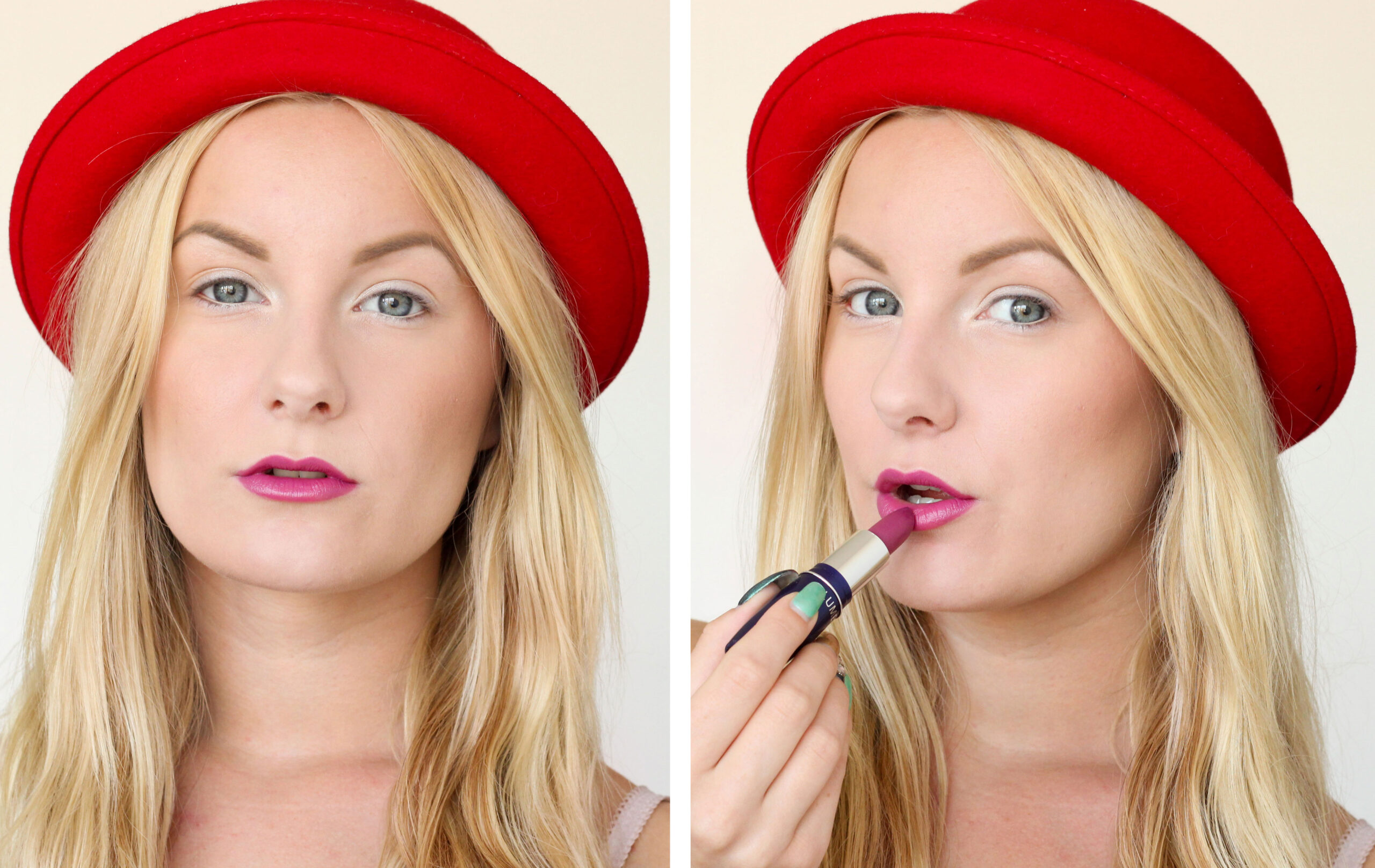 Labios rosados, gafas de sol y sombrero rojo